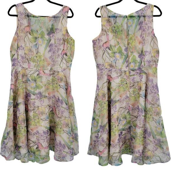 Julian Taylor Retro 60's Sheer Hummingbird Floral Fit & Flare Dress Pink Sz 14 - Picture 1 of 14